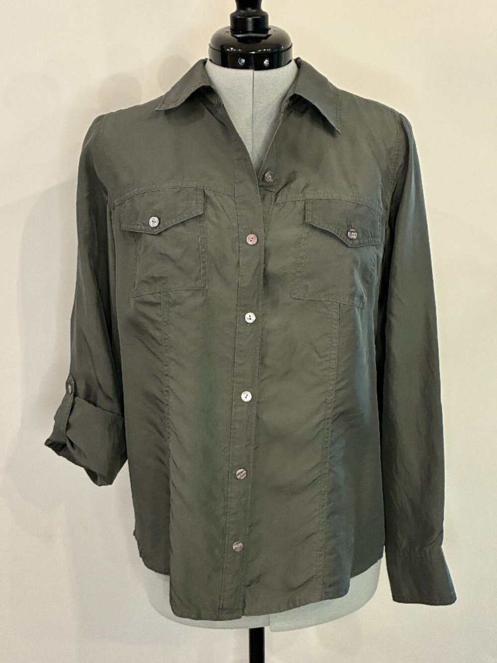 Pure Collection Olive Green Silk Utility Safari Shirt Button Front Size 4